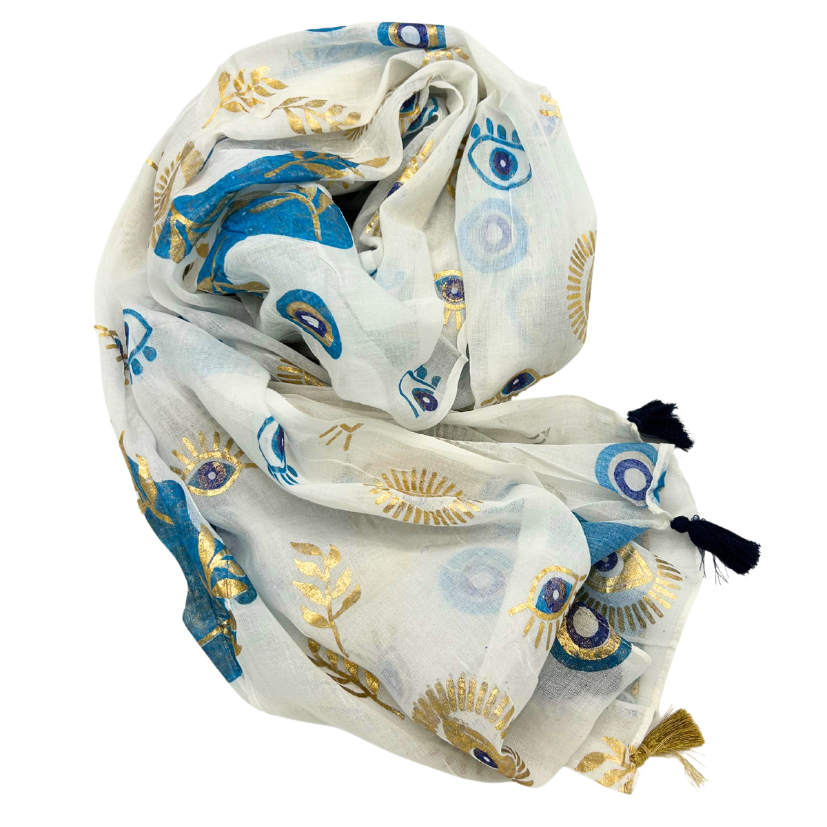 Nomad Sari On the Med White & Blue Evil Eye Sarong - Hand-Painted Coastal Mystique