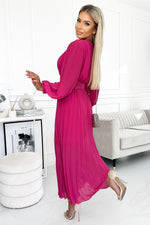 Numoco Beige Chiffon Pleated Long Sleeve Dress with Belt