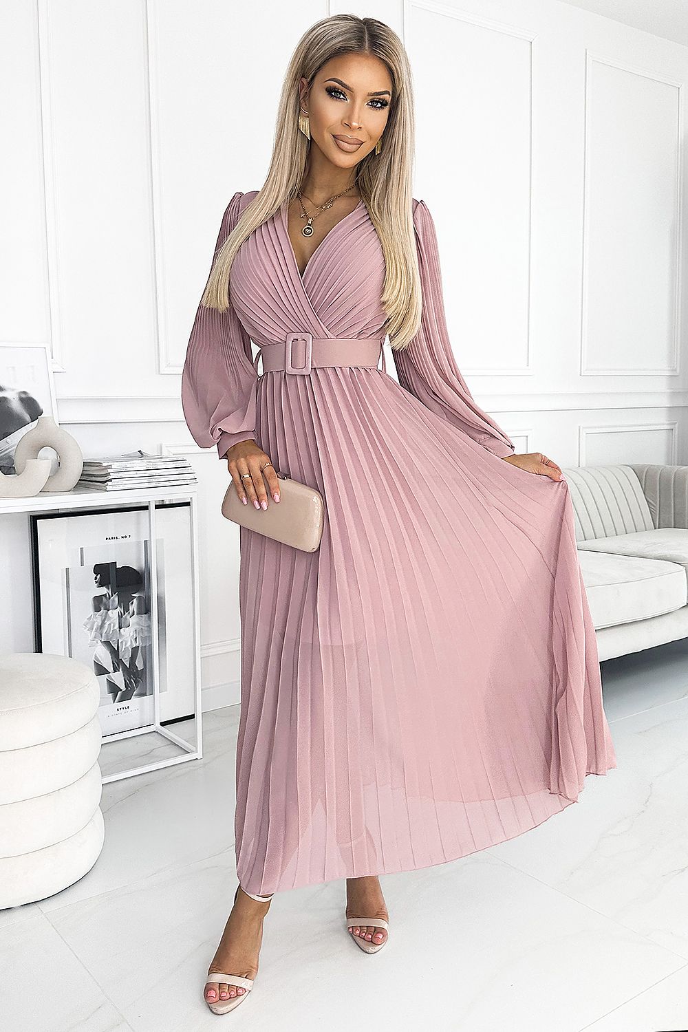 Numoco Beige Chiffon Pleated Long Sleeve Dress with Belt pink 2 one-size-fits-all