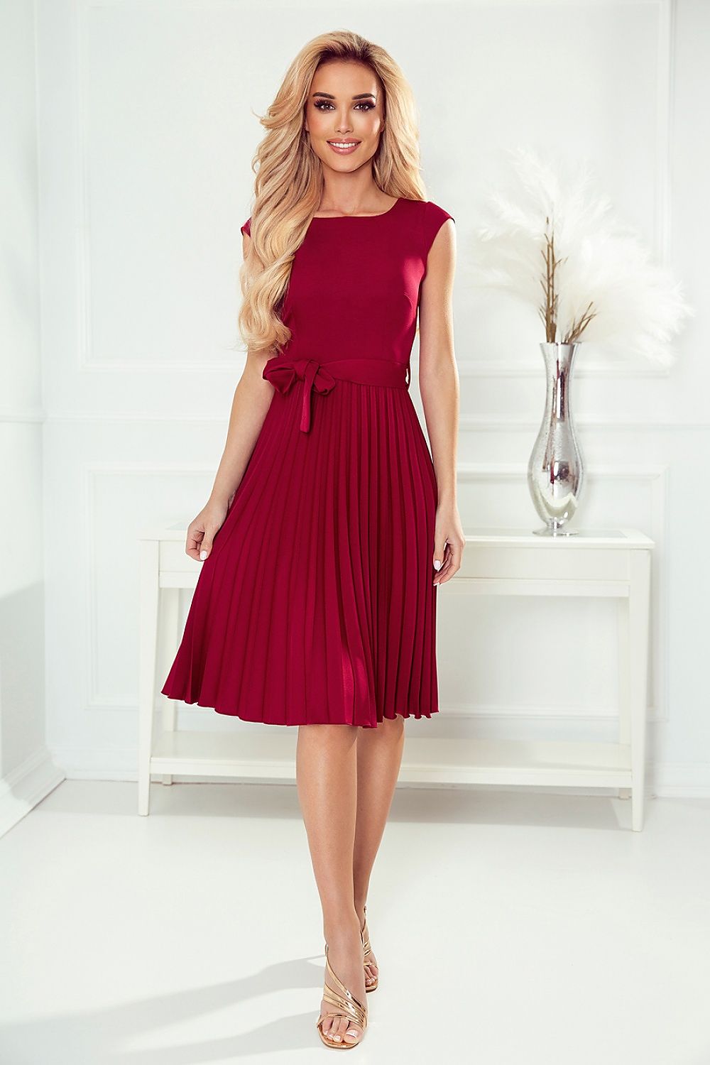 Numoco Pleated Short Sleeve Dress with Belt