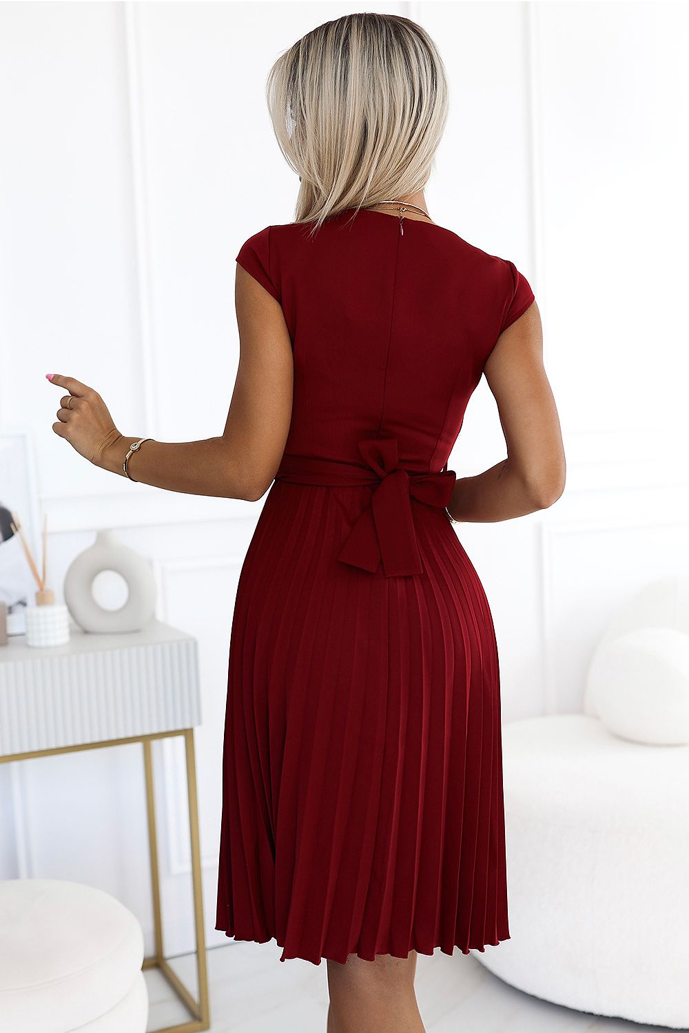 Numoco Pleated Short Sleeve Dress with Belt