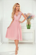 Numoco Chiffon Evening Dress with Lace Neckline