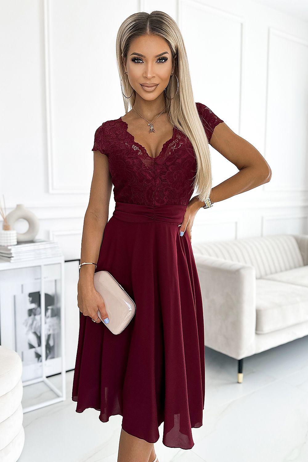 Numoco Chiffon Evening Dress with Lace Neckline red
