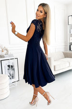 Numoco Chiffon Evening Dress with Lace Neckline