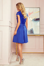 Numoco Flared Evening Dress with Ruffled Neckline and Lace