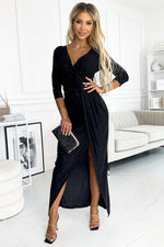 Numoco Glitter Maxi Dress with Envelope Neckline and Leg Slit black