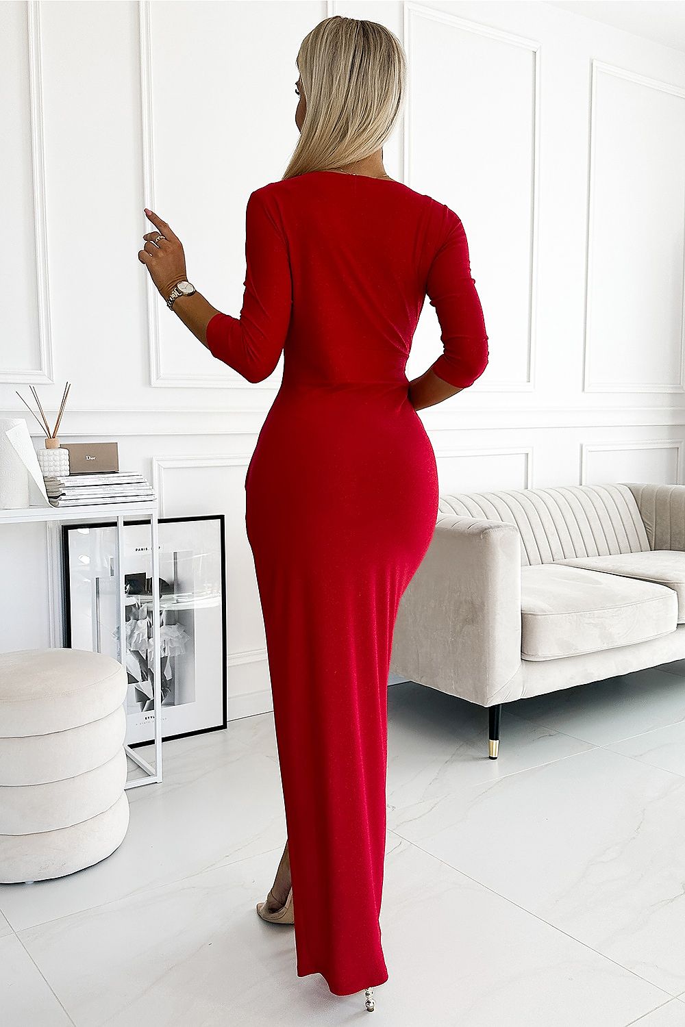 Numoco Glitter Maxi Dress with Envelope Neckline and Leg Slit