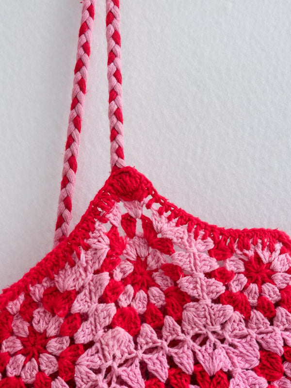 Pink Crochet Patchwork Knitted Boho Slip Summer Maxi Dress