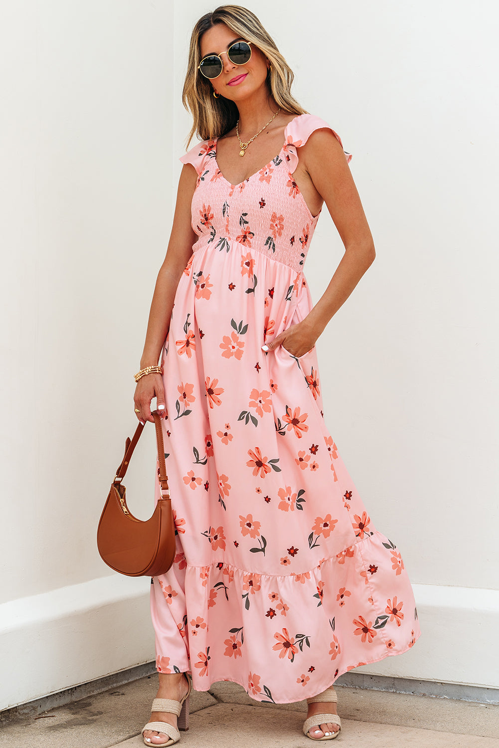 Pink Floral V-Neck Smocked High Waist Ruffle Hem Maxi Dress Pink 100%Polyester