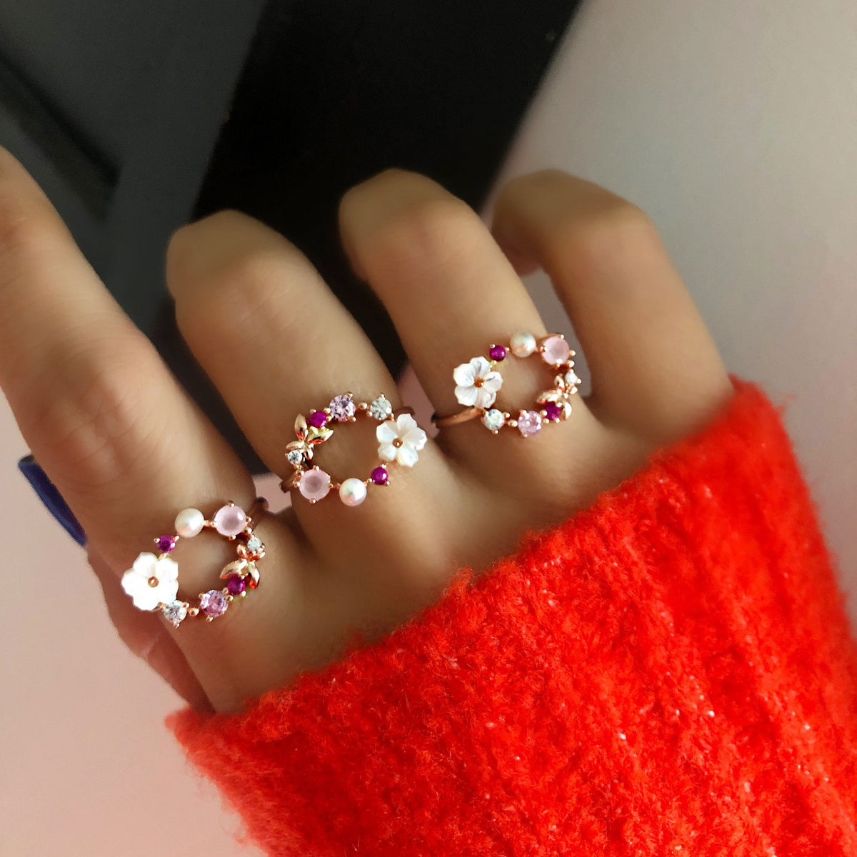 Rose Gold Pink Spring Mother of Pearl Flowers Ring