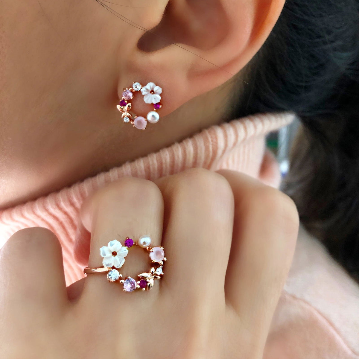 Rose Gold Pink Spring Mother of Pearl Flowers Ring