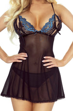 Provocative Black & Sapphire Blue Lace Babydoll & Crotchless Thong Set