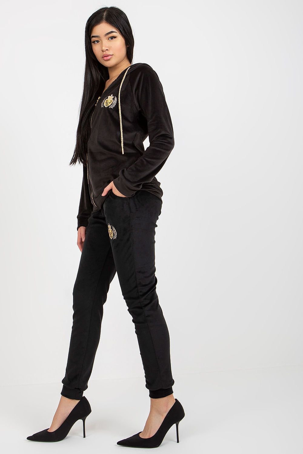 Relevance Ladies’ Velour Loungewear Set with Embroidered Sweatshirt and Tie-Waist Pants
