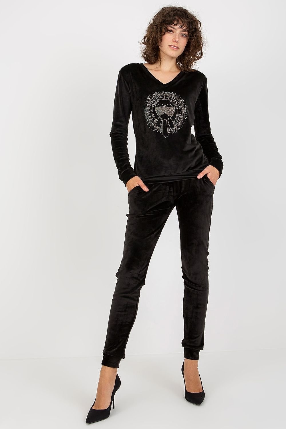 Relevance Velour Loungewear Set with Heart Neckline Blouse and Tie-Waist Pants black S M