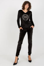 Relevance Velour Loungewear Set with Heart Neckline Blouse and Tie-Waist Pants black S M