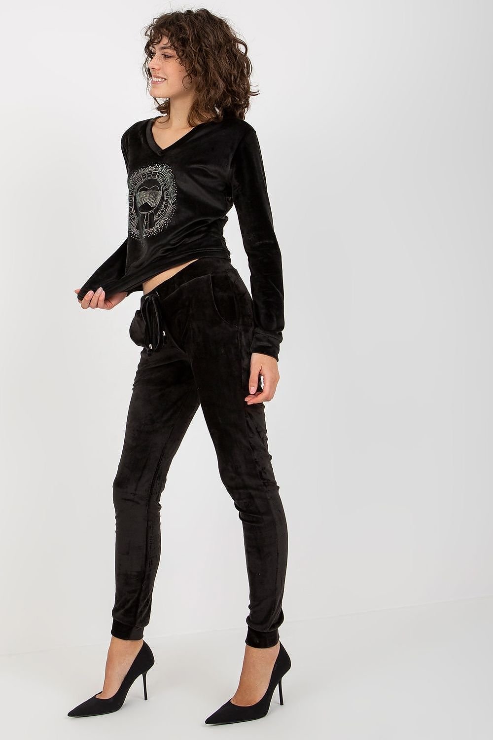 Relevance Velour Loungewear Set with Heart Neckline Blouse and Tie-Waist Pants