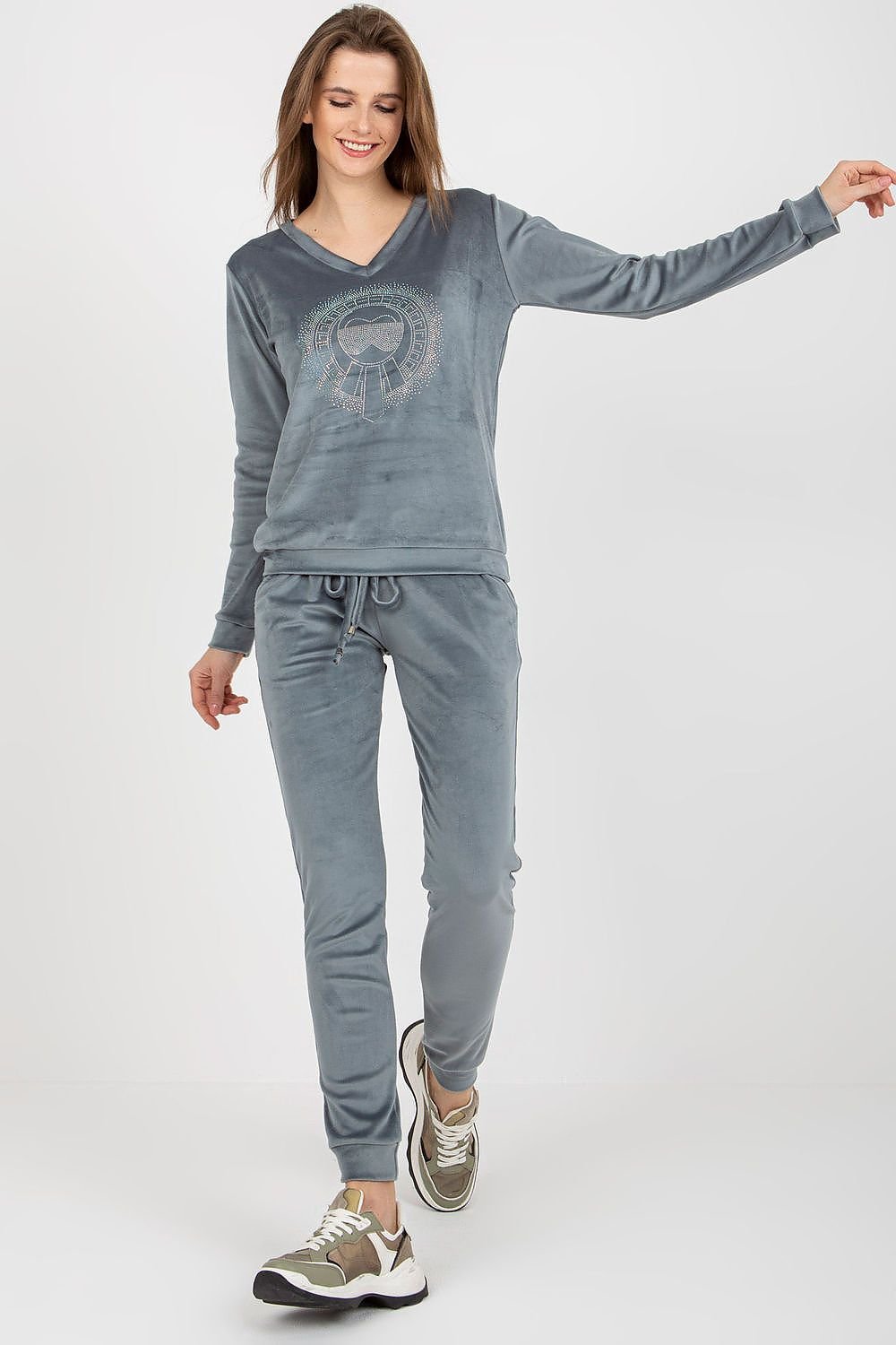 Relevance Velour Loungewear Set with Heart Neckline Blouse and Tie-Waist Pants blue 2 S M
