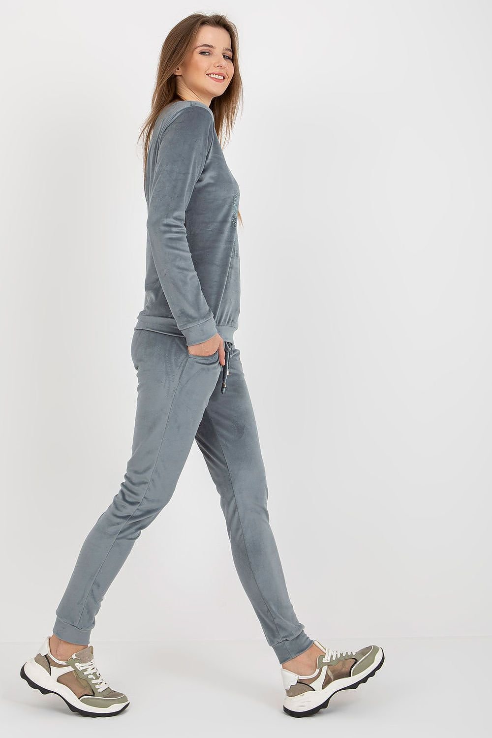 Relevance Velour Loungewear Set with Heart Neckline Blouse and Tie-Waist Pants