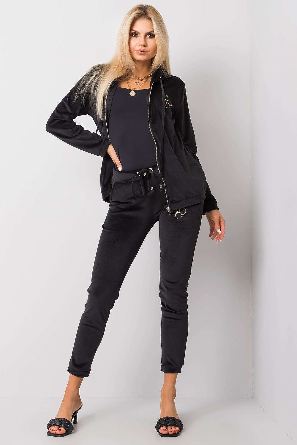 Relevance Velour Loungewear Set with Zip-Up Sweatshirt and Tie-Waist Pants black S M