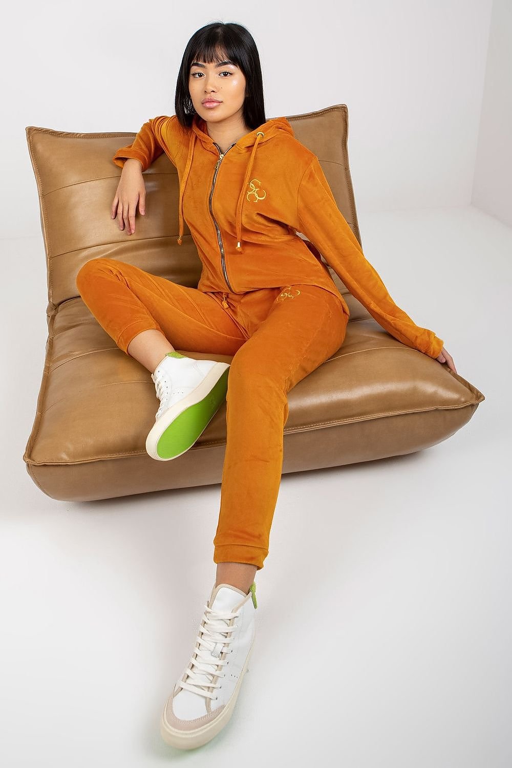 Relevance Velour Loungewear Set with Zip-Up Sweatshirt and Tie-Waist Pants yellow S M