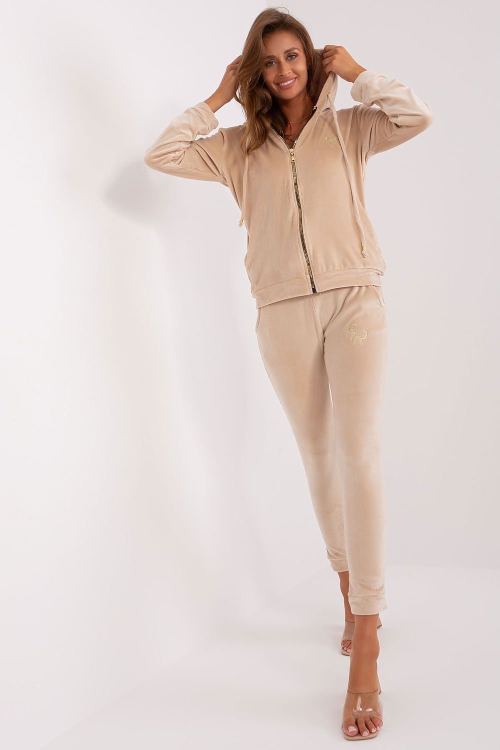 Relevance Velour Loungewear Set with Zip-Up Sweatshirt and Tie-Waist Pants beige S M