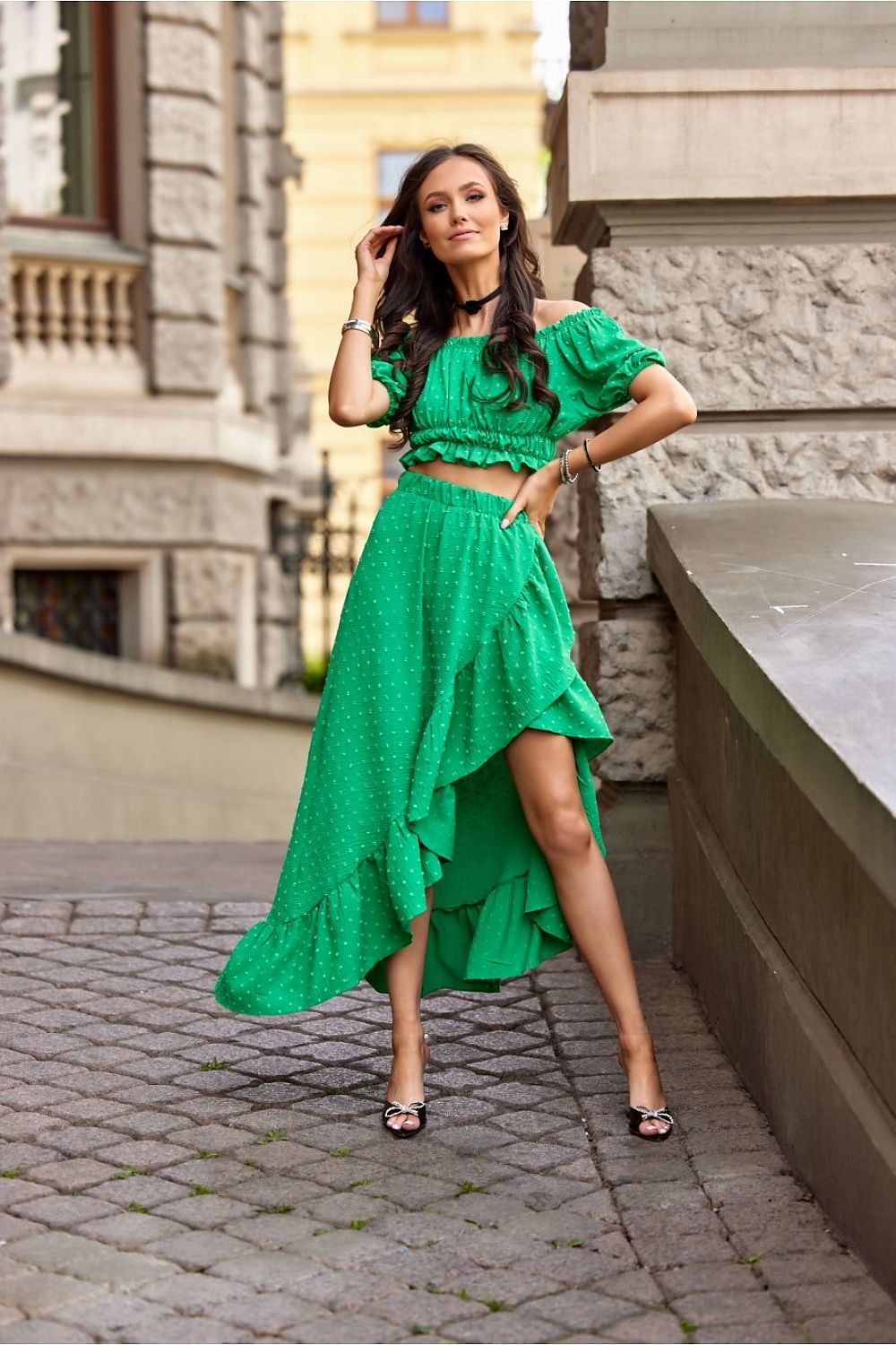 Roco Fashion Asymmetrical Blouse and Skirt Co-Ord Set with Frills