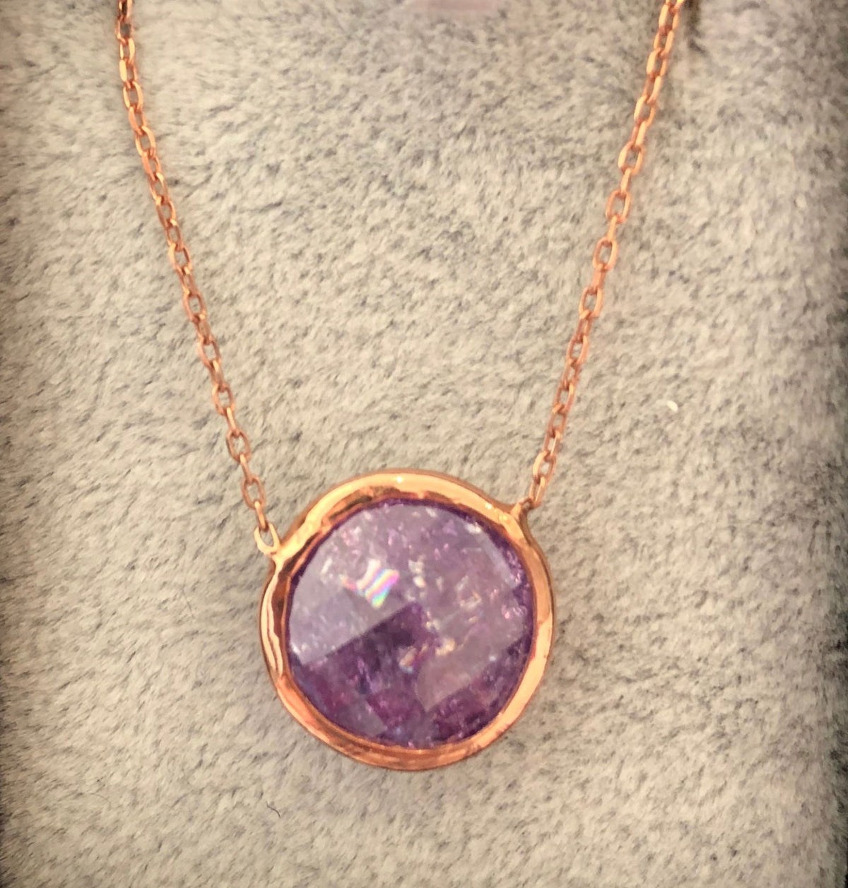 Round Shape Natural Stone Necklaces Rose Gold Plated Silver Purple