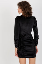 Rue Paris Velour Long-Sleeve Evening Dress with Decorative Creases