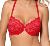 Roza Sefia Halterneck Soft Cup Plunge Lace Diamanté Bra in Red