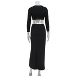 Sexy Navel Leopard Print Long Sleeve Long Skirt Top Co-ord Set