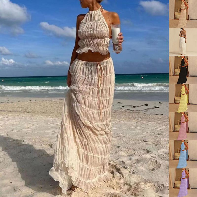Sexy Sleeveless Backless Cropped Halter Top Pleated Long Skirt & Top Co-ord Set