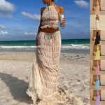 Sexy Sleeveless Backless Cropped Halter Top Pleated Long Skirt & Top Co-ord Set