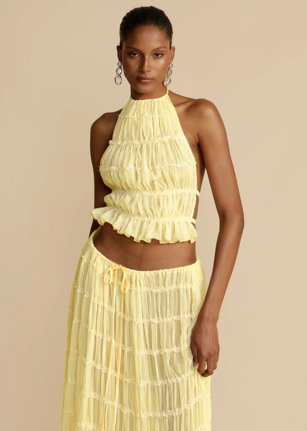 Sexy Sleeveless Backless Cropped Halter Top Pleated Long Skirt & Top Co-ord Set