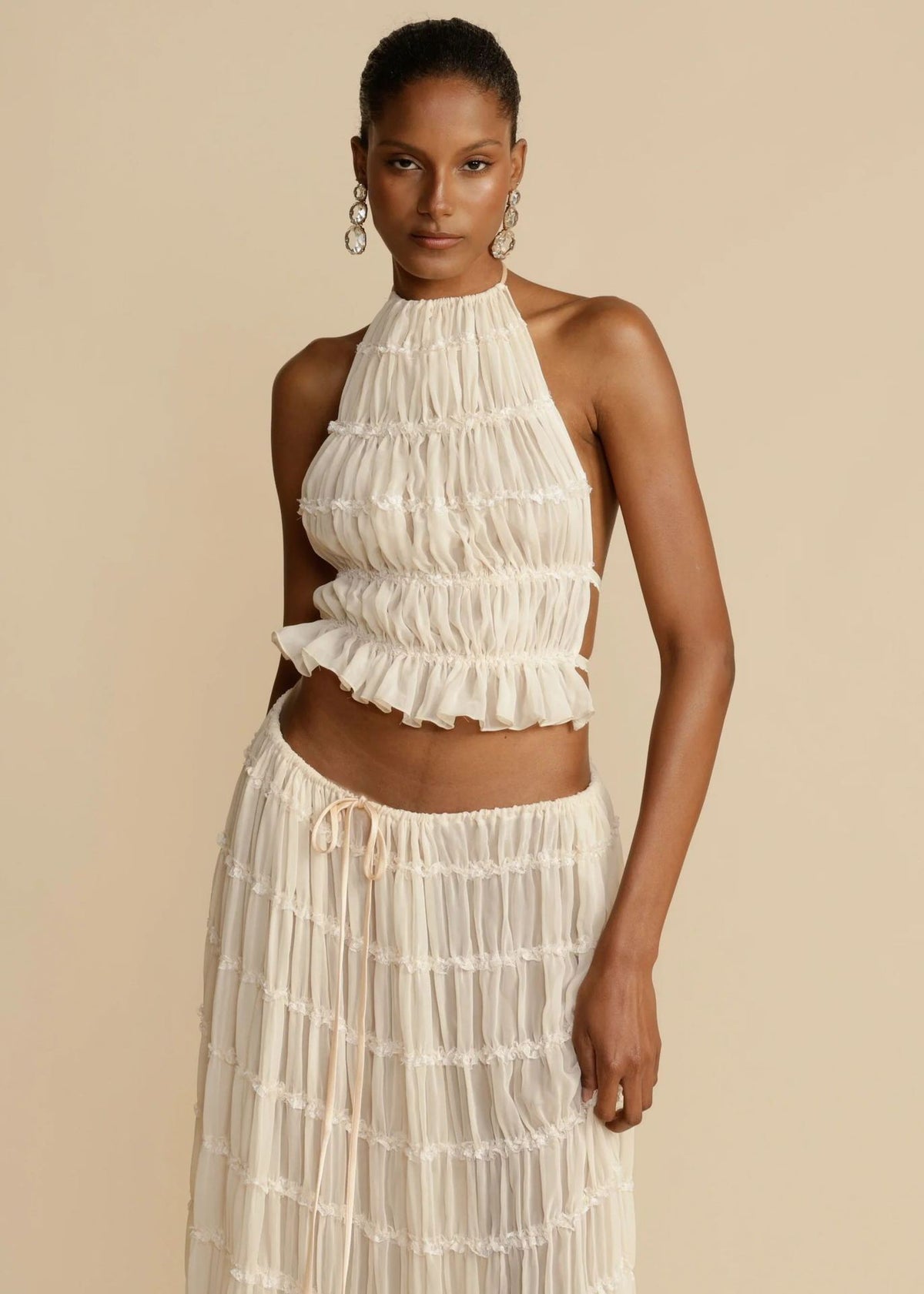 Sexy Sleeveless Backless Cropped Halter Top Pleated Long Skirt & Top Co-ord Set