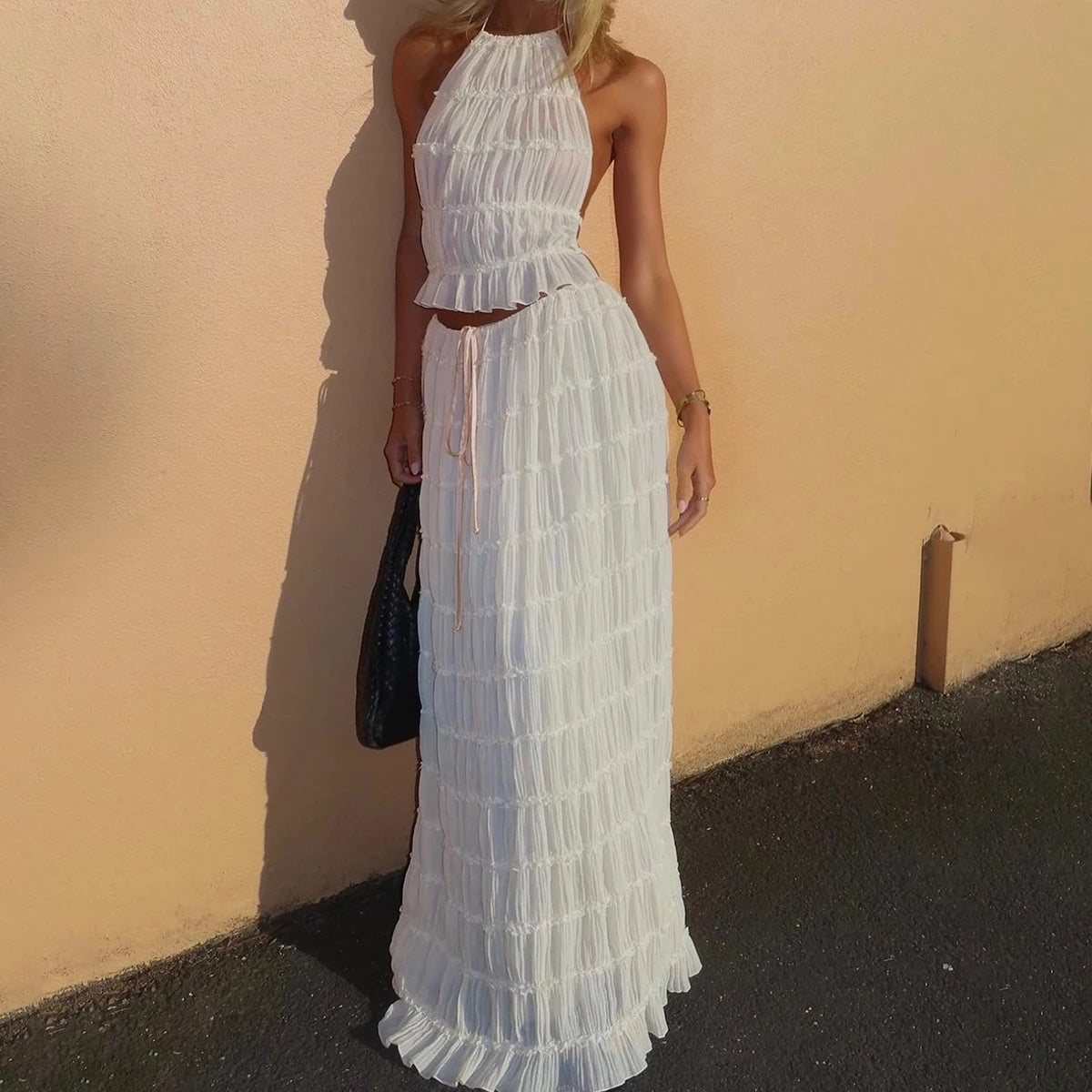 Sexy Sleeveless Backless Cropped Halter Top Pleated Long Skirt & Top Co-ord Set