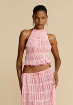 Sexy Sleeveless Backless Cropped Halter Top Pleated Long Skirt & Top Co-ord Set
