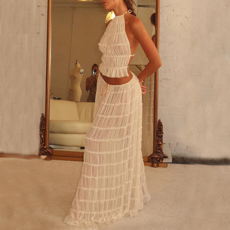 Sexy Sleeveless Backless Cropped Halter Top Pleated Long Skirt & Top Co-ord Set White