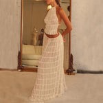 Sexy Sleeveless Backless Cropped Halter Top Pleated Long Skirt & Top Co-ord Set White