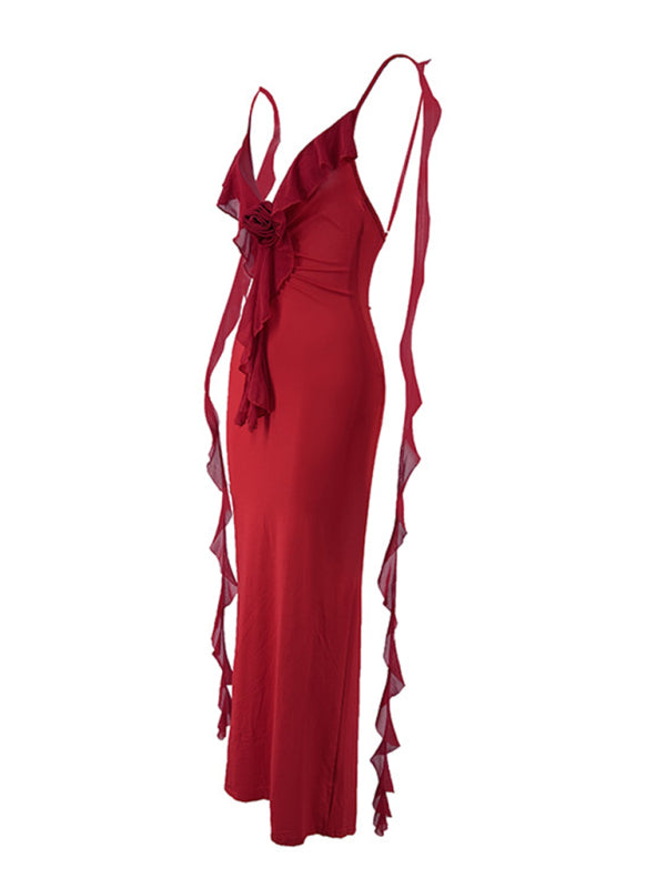 Sexy V-neck Backless Strap Fishtail Evening Fitted Maxi Dress