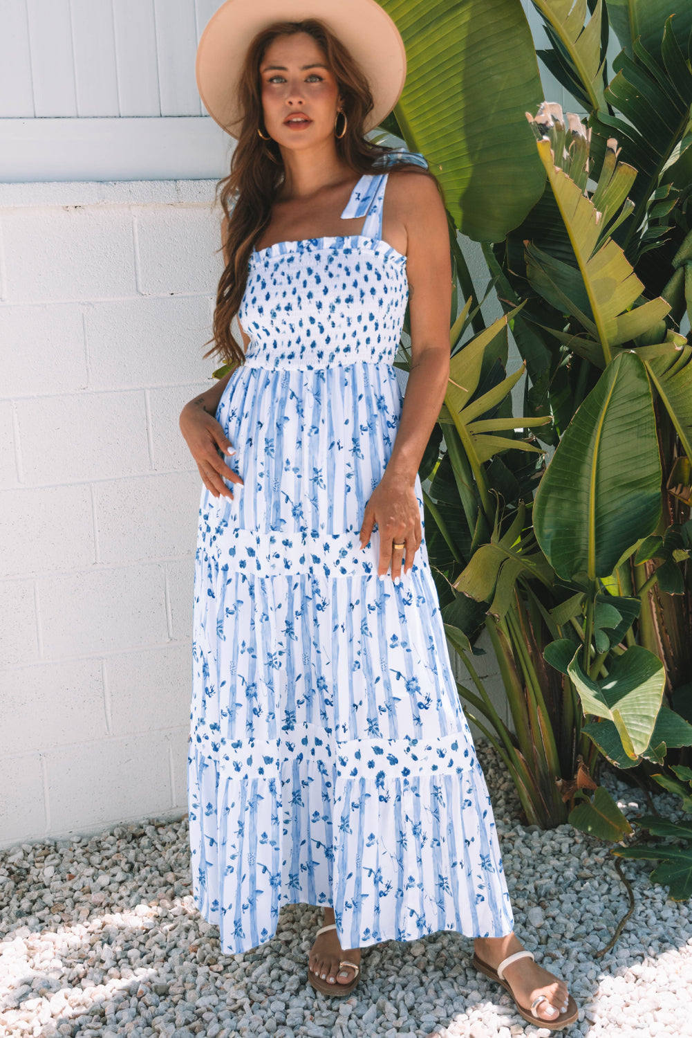 Sky Blue Floral Smocked Tied Straps A-Line Tiered Spring / Summer Maxi Dress