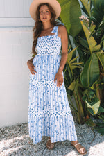 Sky Blue Floral Smocked Tied Straps A-Line Tiered Spring / Summer Maxi Dress