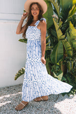 Sky Blue Floral Smocked Tied Straps A-Line Tiered Spring / Summer Maxi Dress