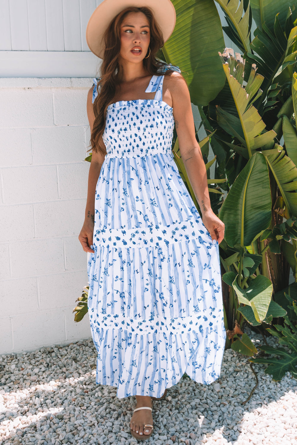 Sky Blue Floral Smocked Tied Straps A-Line Tiered Spring / Summer Maxi Dress