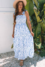 Sky Blue Floral Smocked Tied Straps A-Line Tiered Spring / Summer Maxi Dress