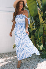 Sky Blue Floral Smocked Tied Straps A-Line Tiered Spring / Summer Maxi Dress