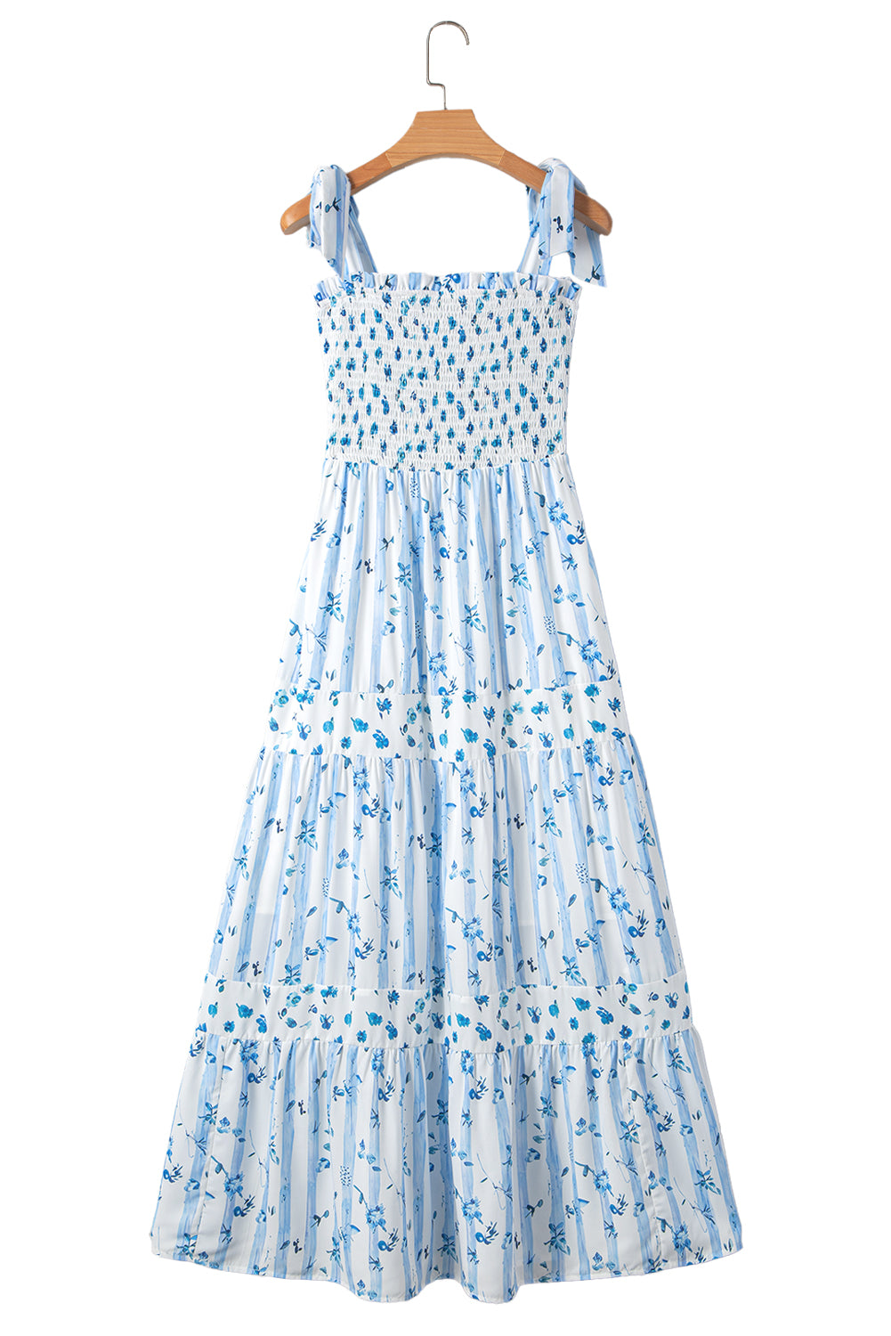 Sky Blue Floral Smocked Tied Straps A-Line Tiered Spring / Summer Maxi Dress