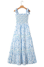 Sky Blue Floral Smocked Tied Straps A-Line Tiered Spring / Summer Maxi Dress