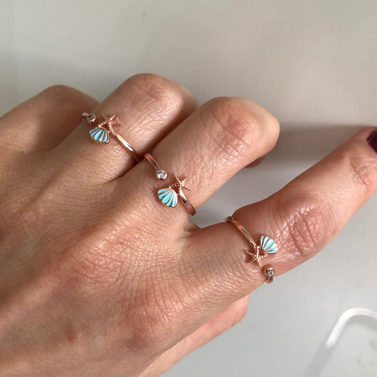 Small Sea Shell Earring & Ring Set - Blue enamel