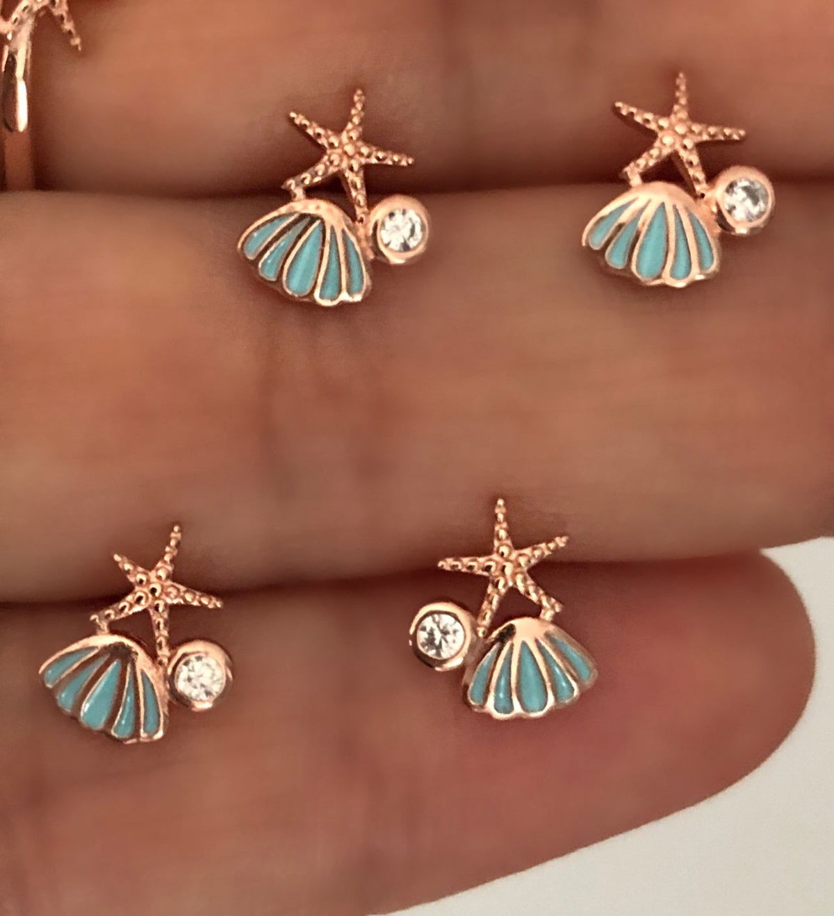 Small Sea Shell Stud Earrings - Blue Enamel