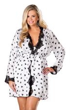Shirley of Hollywood Plus Size Heart Print & Black Lace Trim White Robe